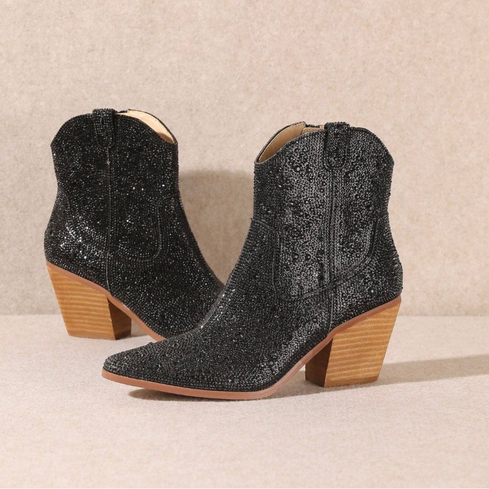 Black Rhinestone Studded Comfort Booties